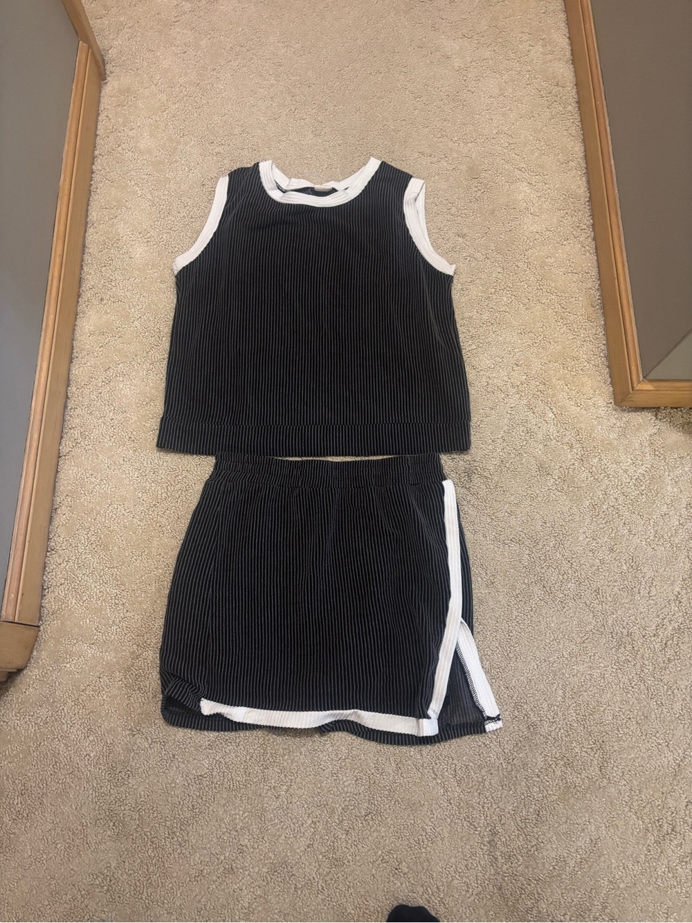 Black Ribbed Two-Piece Tank & Skort Set with White Trim